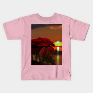 Romantic landscape with red roses over Danube sunset in water reflection Kids T-Shirt